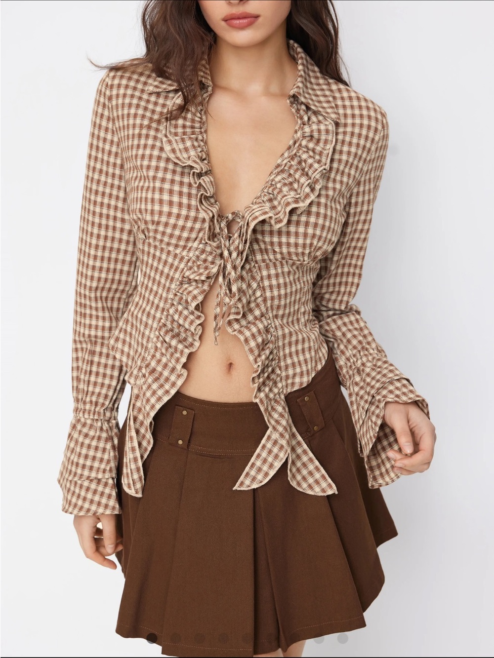 Cider Brown Gingham Ruffle Tie-Front Blouse